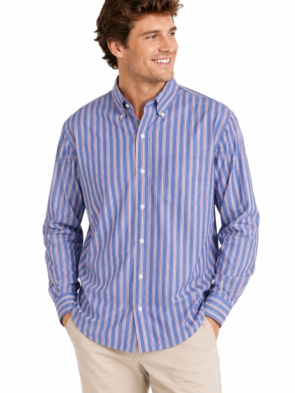 L.L. Bean Traditional Fit Wrinkle Resistant Blue Striped Casual Dress Sh…